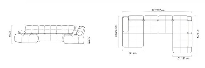 Rozmerový nákres rohovej sedacej súpravy TOSCANA XL s rozmermi 372/382 × 180/190 × 212 cm a výškou sedu 43 cm.